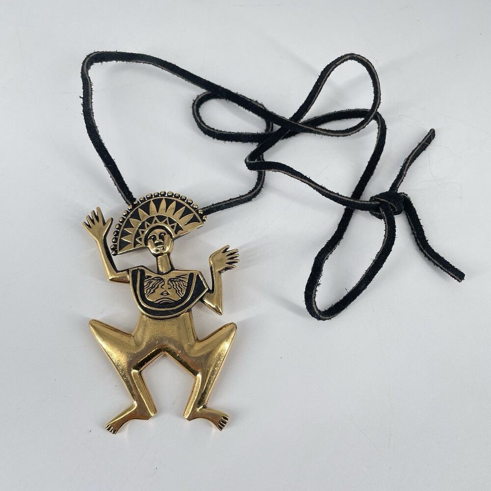 Laurel Burch Figural Pendant Brooch Necklace Gold Tone Black Cord 3.25”